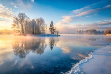 Fototapeta premium Serene winter sunrise over misty lake with beautiful reflection of snow-covered trees and peaceful natural scenery