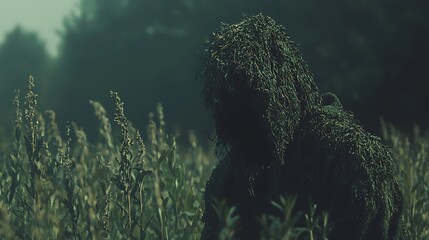 Camouflaged figure in field