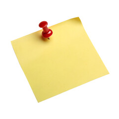 Yellow sticky post it note with red pushpin isolated on transparent background