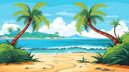 Obraz premium Professional Tropical Beach Scenery Cartoon Vector Illustration for Graphic Design Projects