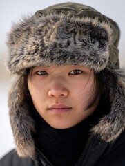 Close up portrait of a young woman wearing a fur hat in winter.