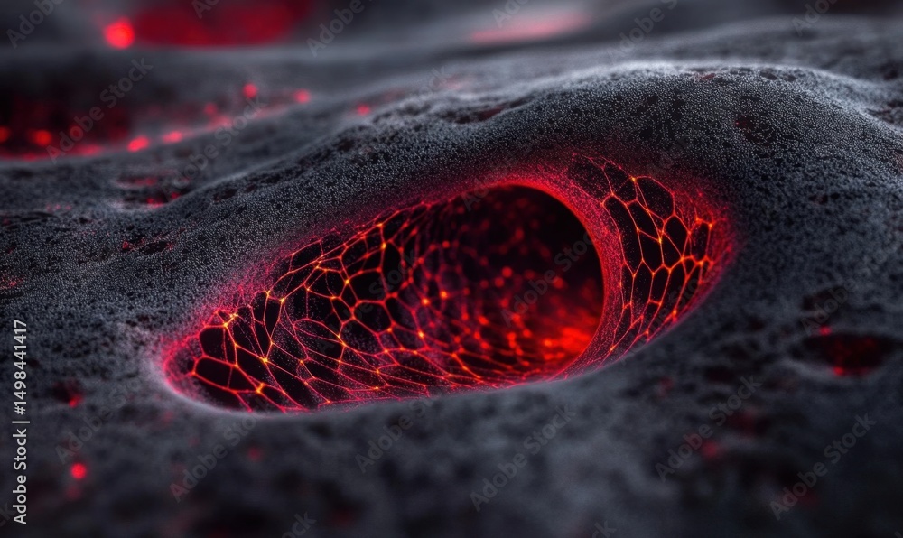 Aufkleber glowing red network in dark porous surface; abstract background for science or technology