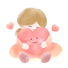 水彩で描いたハートを抱きしめる女の子