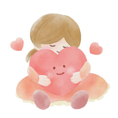 画用紙に水彩で描いたハートを抱きしめる女の子