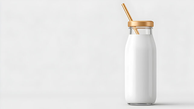 A glass bottle of milk with a golden straw, positioned against a neutral backdrop - Powered by Adobe