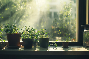Houseplant home decoration near window bath with morning sunlight and city building view. Modern minimal interior indoor garden.
