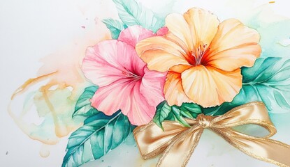Watercolor hibiscus bouquet with golden ribbon