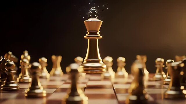 Golden chess king on chessboard under spotlight