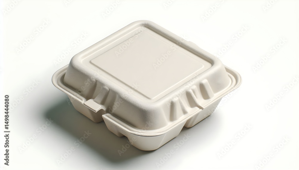 Poster unbranded biodegradable food packaging box with molded pulp texture and clamshell shape isolated on 