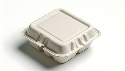 Unbranded biodegradable food packaging box with molded pulp texture and clamshell shape isolated on white surface