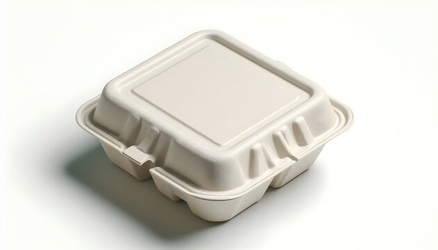 Unbranded biodegradable food packaging box with molded pulp texture and clamshell shape isolated on white surface