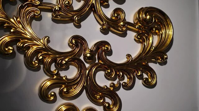 Ornate golden baroque patterns on white background in elegant closeup sequence