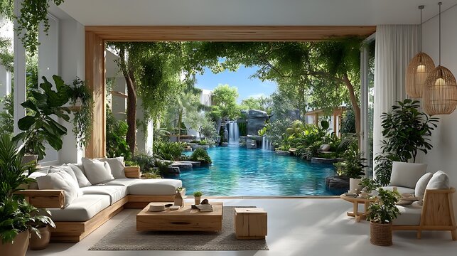Tropical luxury living room with private lagoon high resolution picture