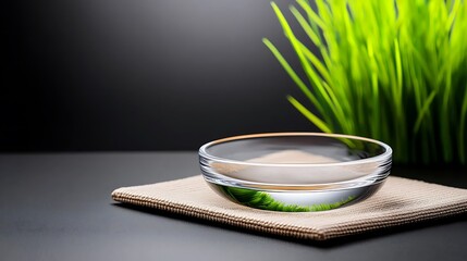 Clear glass bowl filled with water placed on a textured surface beside vibrant green grass