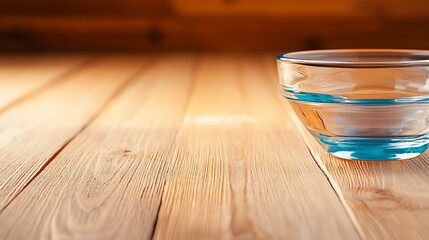 Clear glass bowl filled with water on a wooden table, softly lit with warm background tones