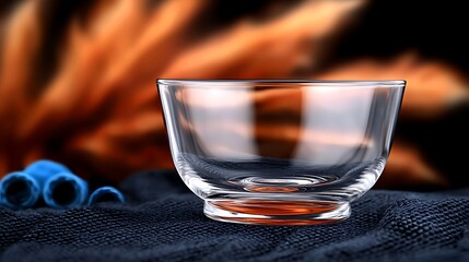 Clear glass bowl on textured fabric with blurred autumn leaves and blue rolls in background