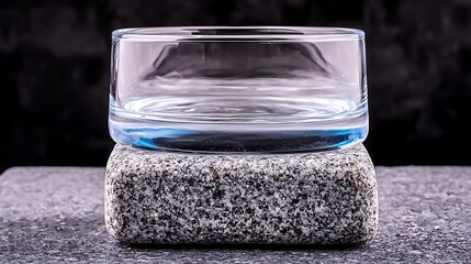 Clear glass bowl elegantly positioned on a textured stone base against a dark background