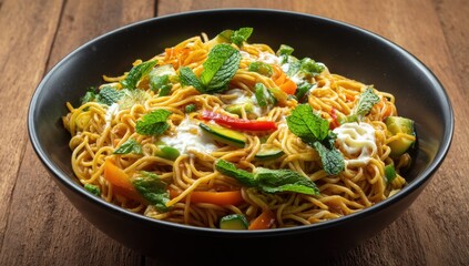 Bowl of noodles with vegetables and mint