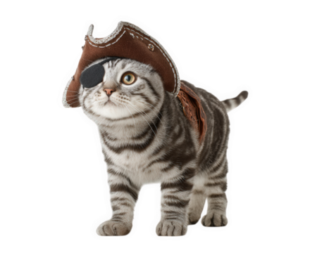 Quirky American Shorthair cat dressed as pirate, complete with hat and eye patch, exudes playful charm. This feline adventurer is ready for swashbuckling journey