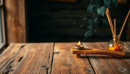 Fototapeta premium Rustic wooden table, burning incense in holder, ample copy space, organic, zen