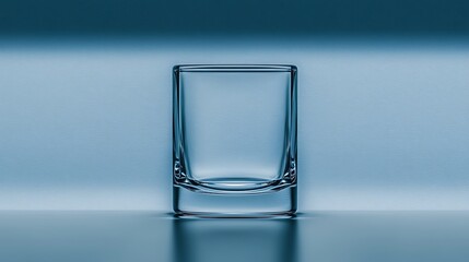 Clear glass shot glass on a smooth surface with soft blue lighting creating a serene atmosphere