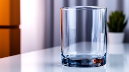Clear glass on a reflective surface with soft background lighting and a plant nearby
