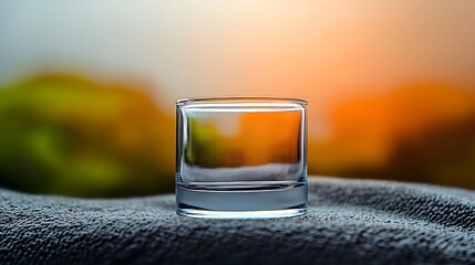 Clear glass tumbler placed on textured fabric with a blurred sunset background