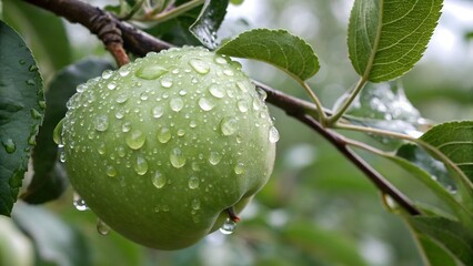Close-up of wet granny smith apples growing on tree during rainy season
