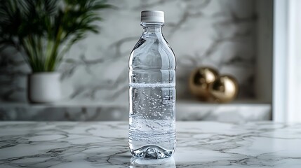 Clear water bottle on a marble surface with decorative elements and a plant in the background