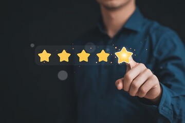 Businessperson's hand rating five star feedback representing excellent customer service and satisfaction