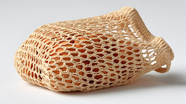 Beige knitted mesh bag filled with small round objects 