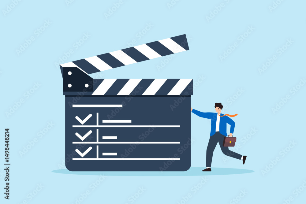 Aufkleber flat illustration of businessman with action plan clapperboard checklist strategic planning executio
