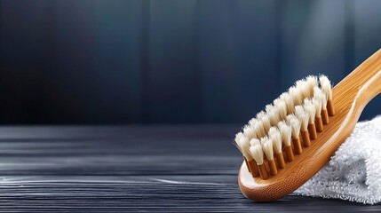Close-up of a bamboo toothbrush resting on a soft towel against a dark wooden background