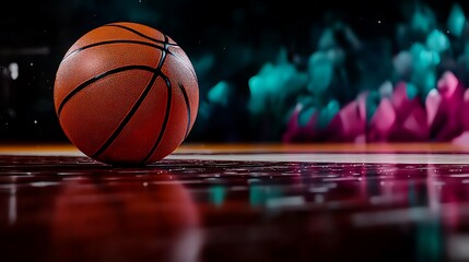 Close-up of a basketball resting on a polished court with vibrant background lights and audience