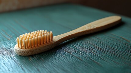 Close-up of a bamboo toothbrush resting on a textured wooden surface with soft lighting