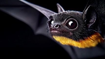 Close-up of a bat in flight showcasing its detailed features and dark wings against a blurred background