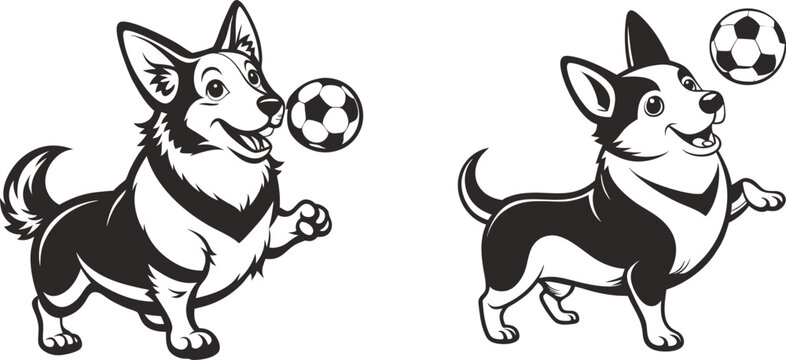 Two happy corgi dogs playing soccer balls a cute black and white silhouette vector illustration, An illustration featuring two dogs playfully interacting with soccer balls