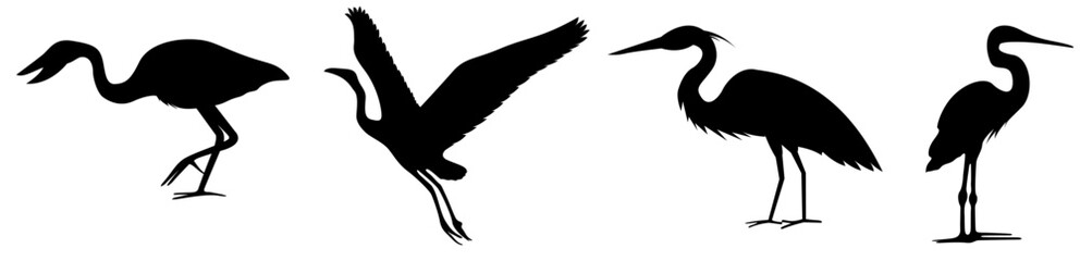 Obraz premium Silhouettes of Wading Birds in Various Poses – Heron, Crane, Egret Vector Set in Black and White for Wildlife, Nature, and Birdwatching Themes