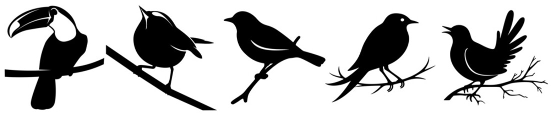 Obraz premium Silhouettes of Singing Birds on Branches – Vector Illustration of Small Songbirds in Black and White for Nature, Wildlife, and Decorative Art Themes