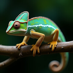 Fototapeta premium Close-Up of a Colorful Chameleon on Wood with Blurred Background