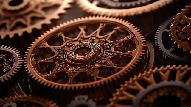 Dynamic close-up of steampunk gears in copper tones, showcasing intricate mechanical movement in an Ultra HD loop.