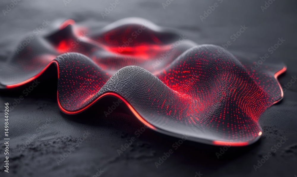 Poster red glowing abstract form on dark surface; futuristic tech design; science background; for tech webs