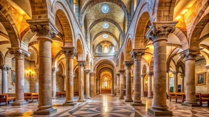 Historic stone columns and ornate arches adorn the church's interior with a blend of Byzantine and Romanesque styles , Byzantine style, architecture