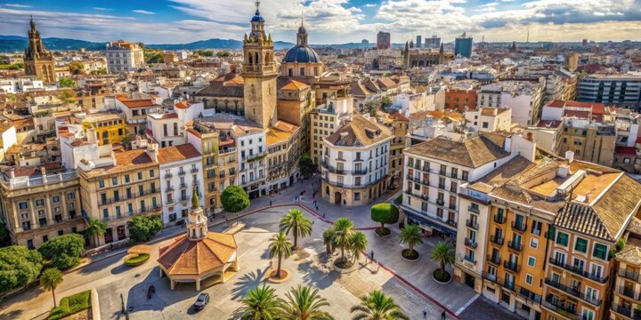 Ancient architecture and narrow streets of Valencia's old center from above, with the Turia Gardens and City Hall in view, aerial view, city hall
