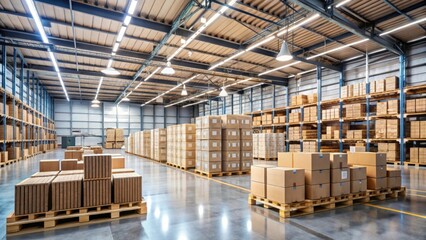 Large quantity of finished goods on a warehouse floor, with boxes and crates stacked high in the background