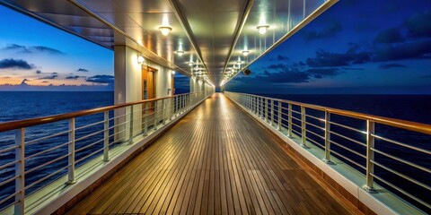 Abandoned pathway along the cruise ship's deck at night, alone, stillness,  alone, stillness, darkness, nighttime