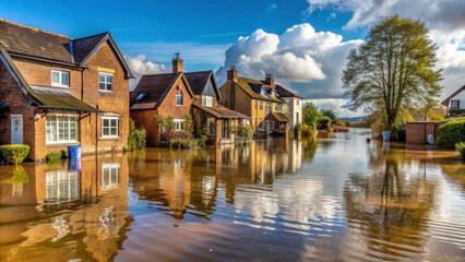 Obraz premium Village with flooded houses and streets, surrounded by high water mark, environmental damage , riverside