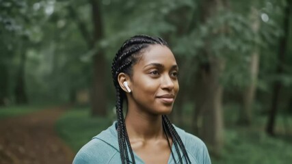 African american woman with braids in nature. Inspiring female athlete for healthy lifestyle. Video for Black History Month, Women's History Month, fitness motivation.
