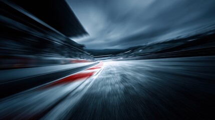 Dynamic and high energy visualization of a racing circuit or curved highway with light trail effects and high speed concept of speed, movement and adrenaline