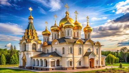 Ancient Orthodox church with golden domes standing in the heart of Bogorodskoye village, Ruza Bogorodskoye Village Church, Russian Village Church